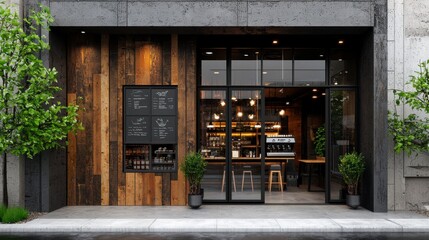 Modern coffee shop exterior with wooden facade and large glass windows inviting customers.