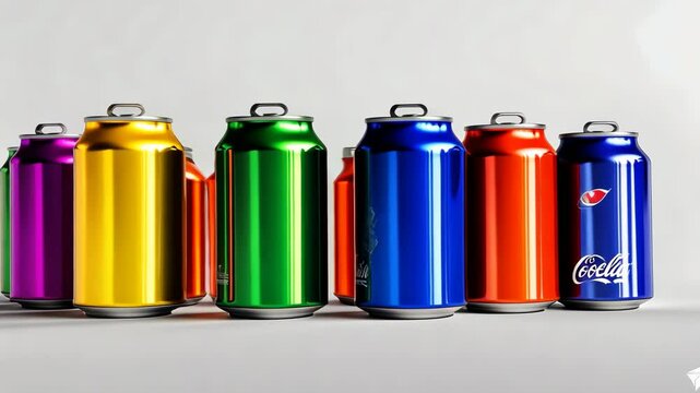 A row of colorful cans of soda. The cans are arranged in a row, with the green can on the left and the blue can on the right