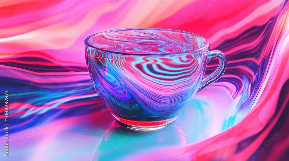 Poster digital glitch effect with neon colors and distorted lines, creating a futuristic and edgy cup desig