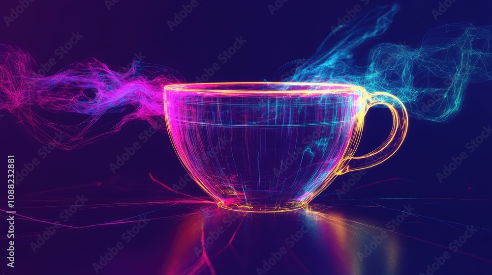 Poster digital glitch effect with neon colors and distorted lines, creating a futuristic and edgy cup desig