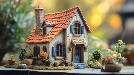 Fototapeta premium A charming miniature house with a tiled roof and colorful flower pots.