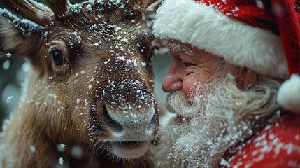 Santa Claus and a reindeer share a joyful moment in the snow, capturing the magic of Christmas with a festive atmosphere.