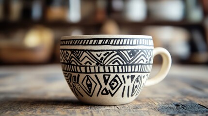 Hand-drawn tribal patterns in black ink, inspired by ethnic designs, perfect for a unique and artistic cup