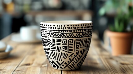 Hand-drawn tribal patterns in black ink, inspired by ethnic designs, perfect for a unique and artistic cup