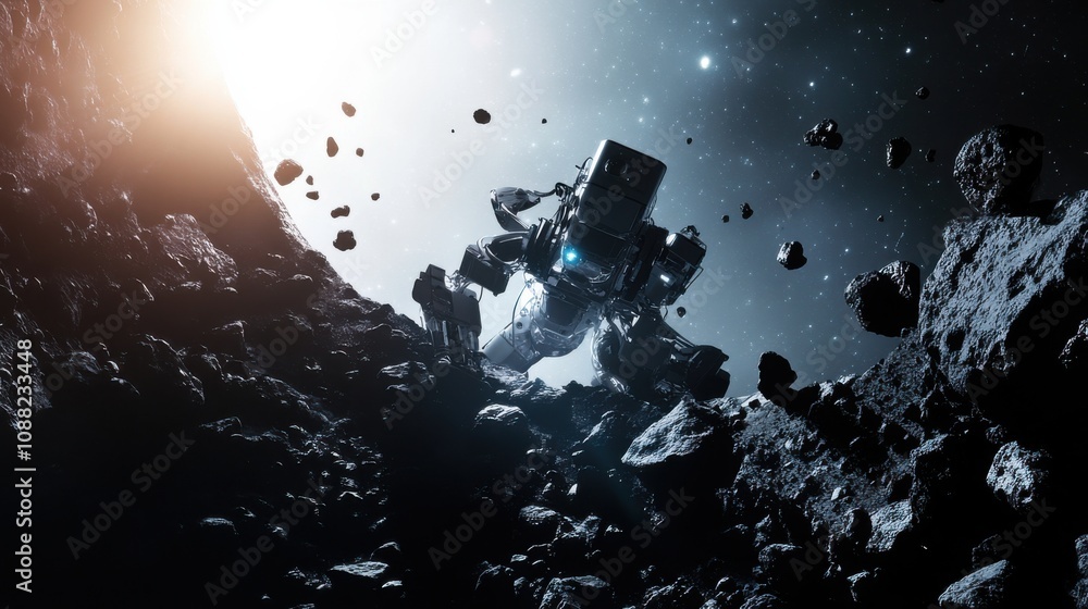 Poster A robotic mining engineer overseeing operations in an asteroid belt, expansive and cosmic setting with asteroid mining equipment and space debris, Asteroid Mining Robotics style