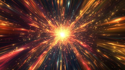Abstract glowing cosmic explosion with radiating light streaks and particles.