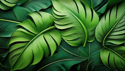 Lush green tropical leaves create a vibrant, textured background.