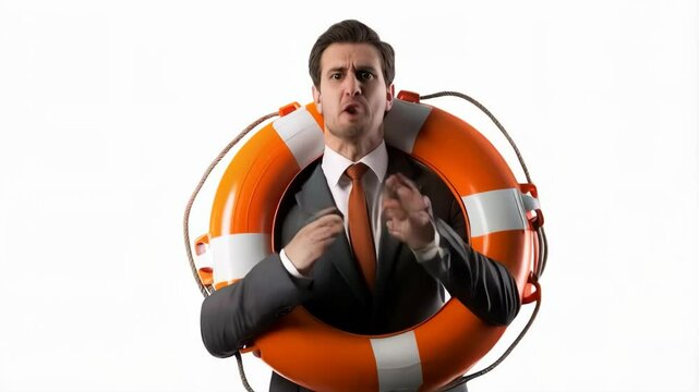 Angry Businessman wearing suit and holding life ring over white background. Financial risk concept