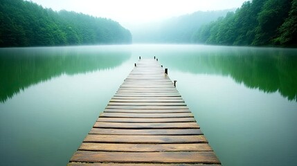 Serene wooden dock extending into a calm misty lake