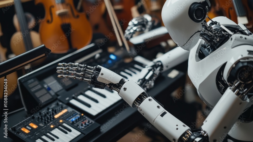 Poster a robotic musician composing a symphony in a state-of-the-art music studio, creative and inspiring s