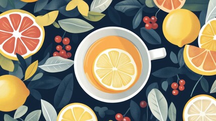 Stylized illustrations of various fruits like lemons, oranges, and berries, for a fresh and vibrant cup pattern
