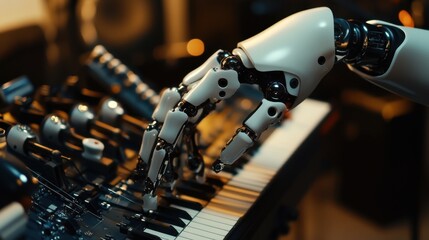 Fototapeta premium A robotic musician composing a symphony in a state-of-the-art music studio, creative and inspiring setting with musical instruments and digital composition tools, Music Composition Robotics style