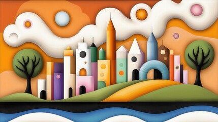 Obraz premium Colorful Abstract Cityscape with Playful Shapes, Trees, and Clouds in Vibrant Tones, Ideal for Creative and Modern Design Projects