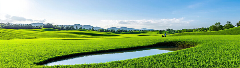 Fototapeta premium Lush green rice paddies under clear blue sky in countryside