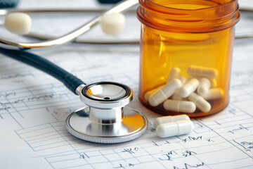 stethoscope and pill bottle on a medical chart