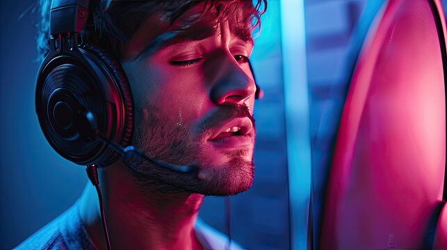 A man wearing headphones sings into a microphone. This photo is ideal for representing the music industry, recording studios, or podcasting.