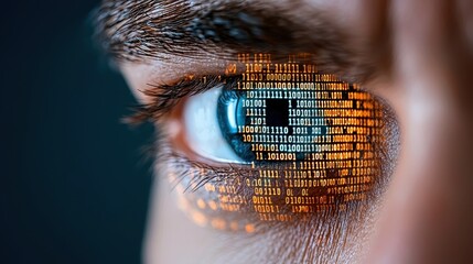 Close-Up of an Eye with Digital Binary Code Reflected in the Iris, Showcasing the Intersection of Technology and Human Perception in a Futuristic Concept