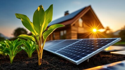 Fototapeta premium Solar Energy and Green Plants in Sustainable Environment