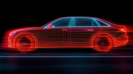 3D Wireframe Render of a Futuristic Car with Neon Glow Effect on Dark Background, Representing Technology, Speed, and Innovation in Automotive Design
