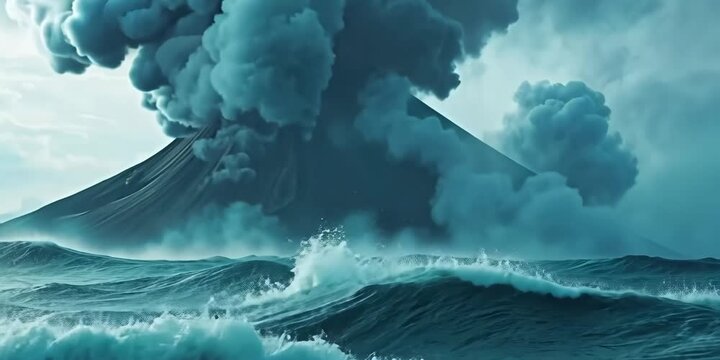 Underwater volcano erupting with bubbles and smoke, 4K Video