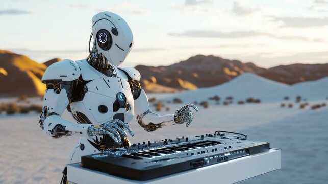 A robotic musician performing electronic music at a festival in a digital desert landscape, surreal and musical setting with digital art installations and electronic beats