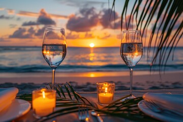 Obraz premium Romantic beach sunset with wine glasses. Perfect for illustrating a vacation, honeymoon, or special occasion.