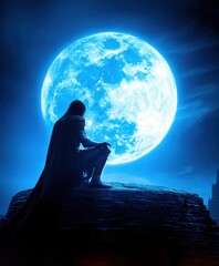 Fototapeta premium A Serene Figure Contemplating Life Beneath a Mystical Blue Moon: An Ethereal Exploration of Emotion and Imagination in a Fantasy Landscape