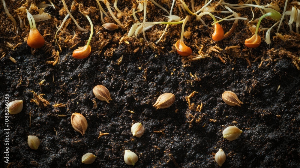 Poster seeds lie on dark soil, with fresh green sprouts breaking through, indicating the initial phase of p
