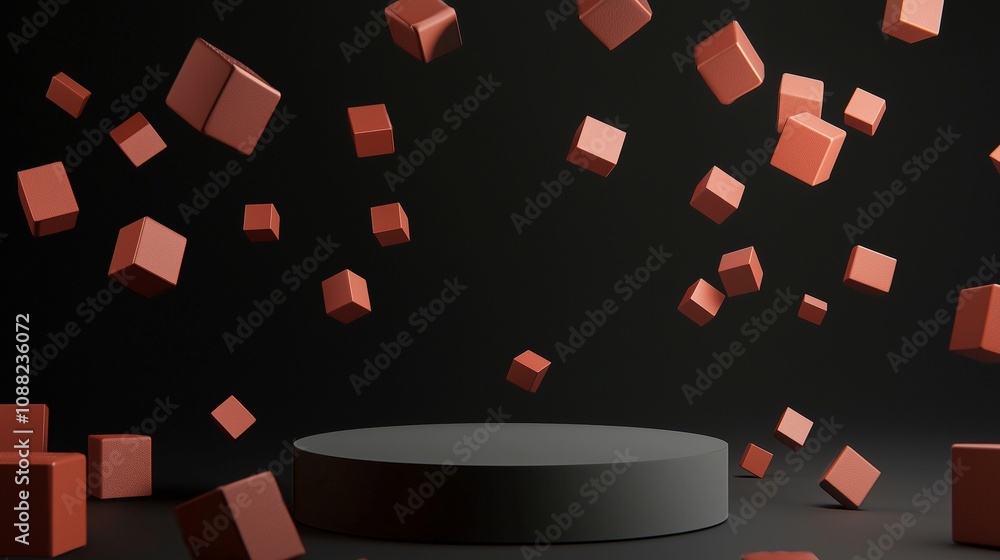 Poster floating geometric shapes above a smooth circular platform in an abstract dark background, perfect f