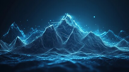 Abstract digital mountain range with glowing blue lines on a dark background.