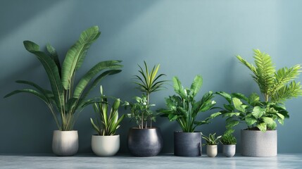 Obraz premium A serene collection of various indoor plants arranged in stylish pots against a calming, muted wall.
