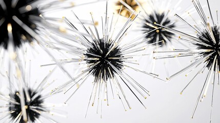 Naklejka premium Abstract artistic display of elegant spherical light fixtures with dynamic bursts of brilliance, showcasing intricate details in black and glass textures.