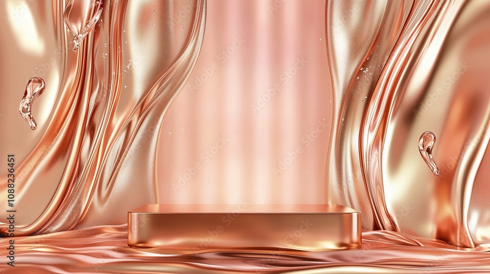 Poster elegant rose gold background with flowing fabric and droplets for product photography and creative d