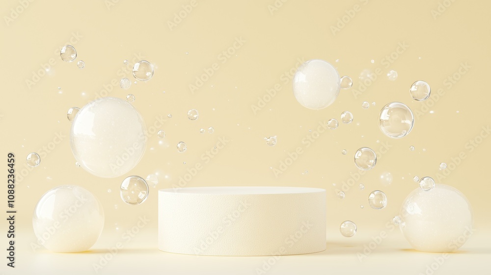 Poster white pedestal surrounded by floating translucent bubbles on a soft yellow background, creating a wh