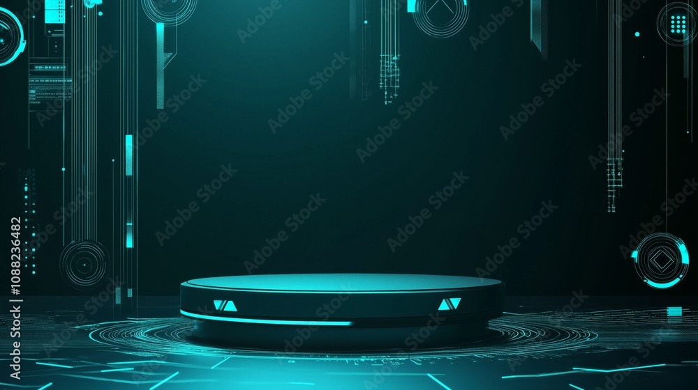 Poster futuristic digital stage with neon elements and floating graphics in a dark space for technology pre