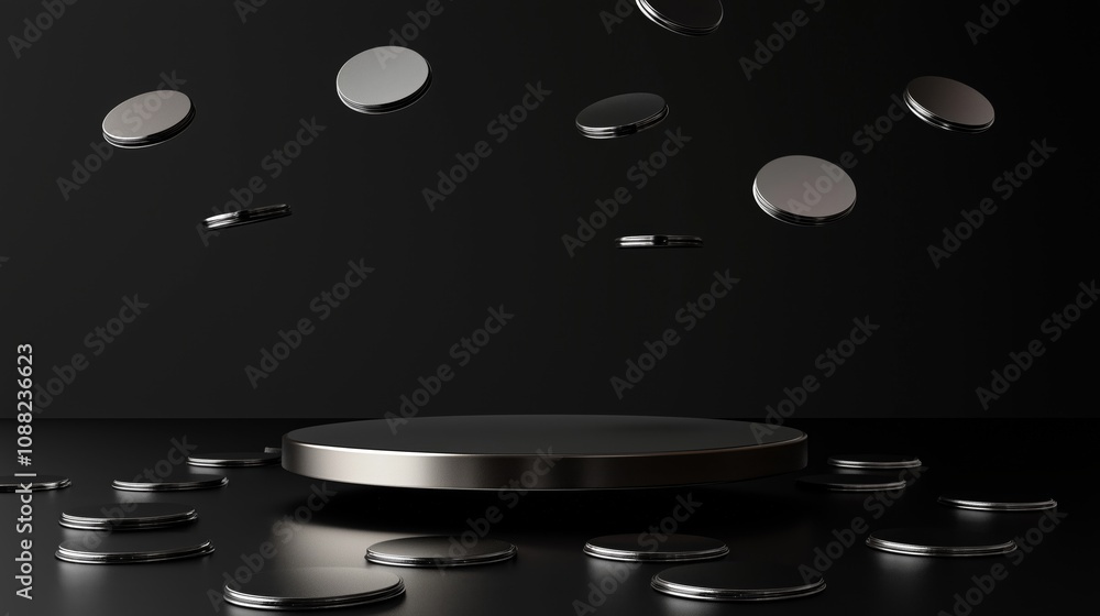 Poster coins floating above a circular platform with a dark background, creating a visual scene of wealth a