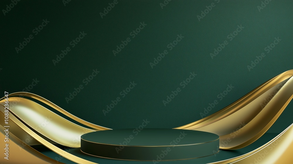Poster elegant green background with golden curves and a central round platform ideal for product showcase 