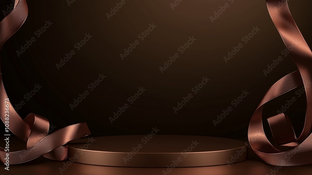 Poster elegant and modern background with circular platform and flowing ribbons in a rich bronze hue for pr