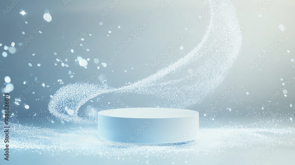 Poster elegant and minimalistic display stand surrounded by shimmering particles for product presentation o