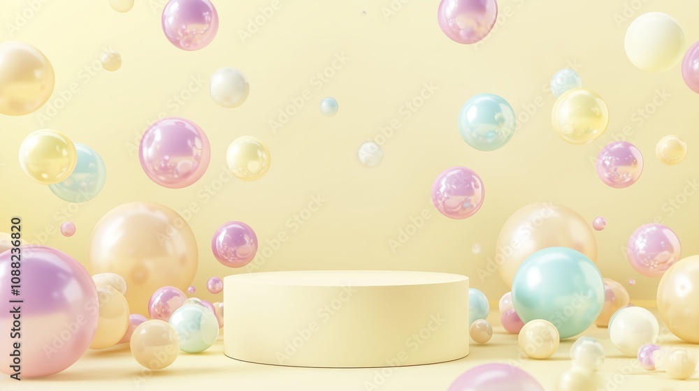 Poster serene and playful scene with colorful bubbles floating above a soft yellow background and a central