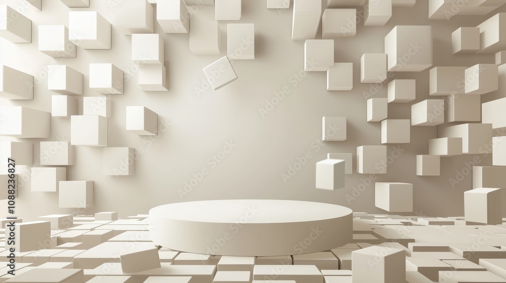 Poster abstract background with floating white cubes and round platform for display in minimalist interior 