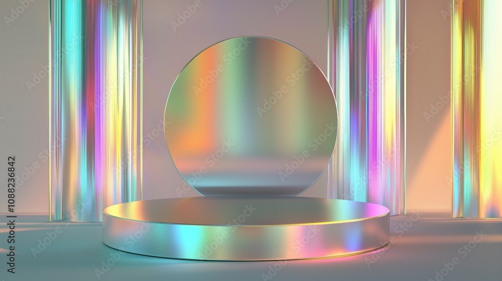 Poster abstract iridescent showcase with circular podium and reflective surfaces, emphasizing light refract