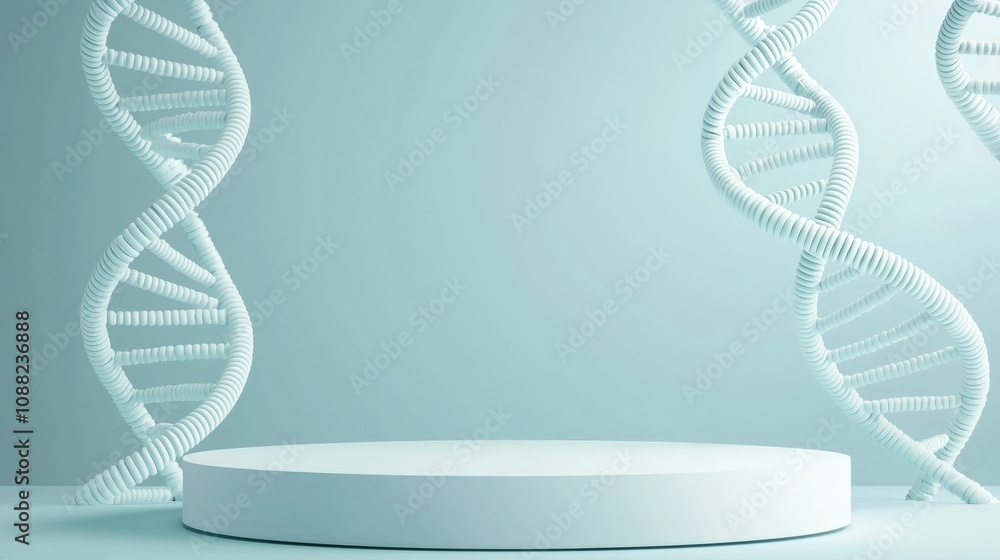 Poster minimalistic studio environment featuring dna helix models on a soft blue background, ideal for scie
