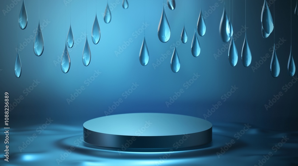 Poster calm blue scene with hanging water drops and circular platform in shallow water, perfect for abstrac