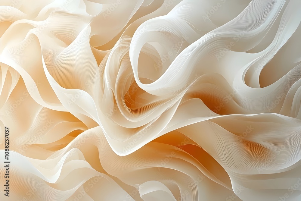 Poster an abstract composition featuring soft, flowing waves of translucent cream and peach tones, creating