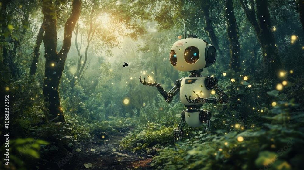 Poster A robotic performer entertaining children with interactive storytelling in a magical forest, whimsical and storytelling setting with enchanted trees and children's laughter