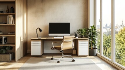 Fototapeta premium A modern office workspace featuring a desk, computer, chair, and greenery by a large window.