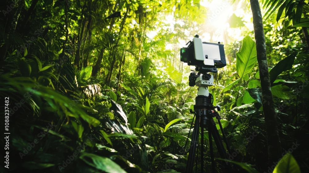 Poster a robotic photographer capturing wildlife in a dense forest, natural and serene setting with diverse