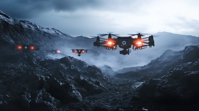 A robotic pilot controlling a drone swarm in an emergency search and rescue mission, expansive and urgent setting with rugged terrain and search lights, Search and Rescue Robotics style