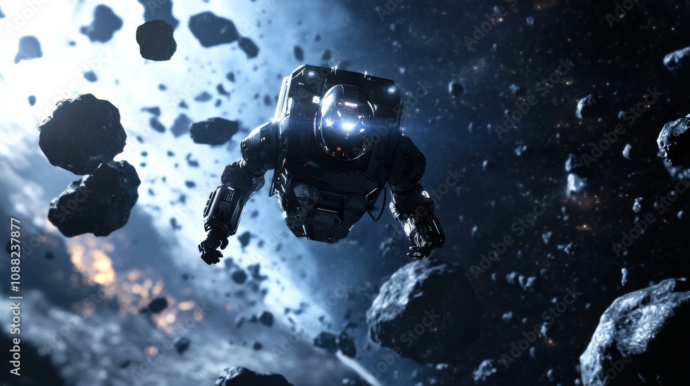 Aufkleber A robotic pilot navigating through a dense asteroid field in deep space, space exploration and adventurous setting with asteroid debris and futuristic spacecraft